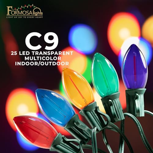 C9 26ft Indoor/Outdoor Transparent Multicolor LED Christmas String Lights with 25 Bulbs and E17 Base | 120V, 0.6W - style: Multicolor LED