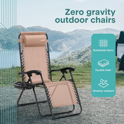 SereneLife Zero Gravity Chairs Set of 2 - Adjustable Steel Mesh Lawn Chairs - Outdoor Lounge Chairs with Detachable Cup Holder Tray - Foldable Outdoor Chair with Removable Pillows - Cream