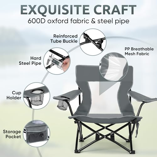 HaSteeL Folding Beach Chair Set of 2, Foldable Grey Camping Chairs for Outside, Low Beach Chair Portable for Adults Fishing, Picnic, Outdoor BBQ, Travel, Sports, Cup Holder & Storage Bag - color: Grey Chairs
