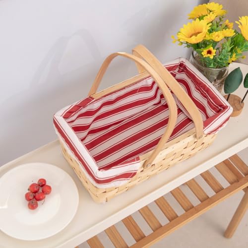 Bamboo Picnic Basket with Handle，Natural Woodchip Basket with Washable Lining for Camping（14X7.5X5.5inches） (Red) - color: Red