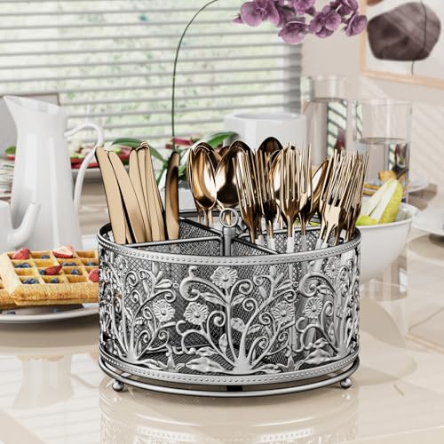 YIUKEA 360° Rotating Utensil Caddy - Silverware Cutlery Caddy Holder with 4 Compartment, Metal Flatware Organizer Countertop with Handle for Party Camping Picnic, Kitchen Counter, Office (Silver) - color: Silver