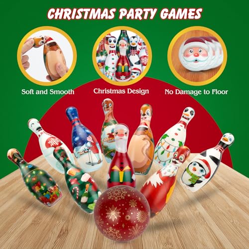 Christmas Bowling Set for Kids Toddler Party Supplies, Christmas Bowling Game for Kids Bowling Pins Bowling Balls for Family Indoor Outdoor Party Games Kids Party Decor, Winter Holiday Games for Kids