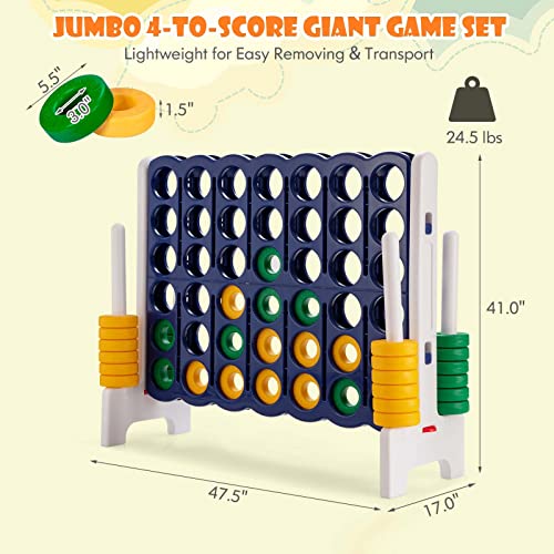 KOTEK Giant 4-in-a-Row Game, 3.5 Feet Tall Jumbo 4-to-Score Family Fun Game w/Quick-Release Sliders & 42 Large Rings, Oversized Connect Plastic Yard Game Outdoor for Kids & Adults (Dark Blue+White) - color: Dark Blue+white