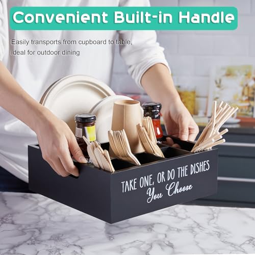 ALELION Paper Plate Dispenser for Countertop - Wooden Utensil Holder Organizer for Party - Silverware Caddy for Plate, Cup, Fork, Spoon - Cutlery Holder with Handles for Kitchen Camping Buffet - style: Black