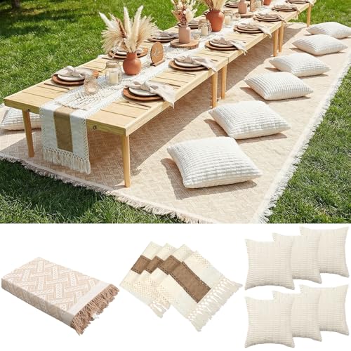 Beeveer Extra Large Outdoor Boho Picnic Blanket 181'' x 71'' Beige White Table Runner 6 Throw Pillow Cover Woven Cotton Yarn Oversize Beach Blanket Washable for Picnic Camp Wedding - color: Beige White, size: Fit 12-14 People 181'' X 71''