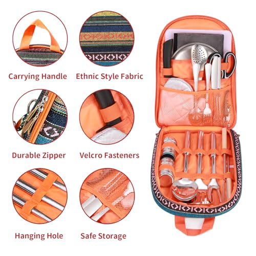 Portable Camping Kitchen Utensil Set-27 Piece Cookware Kit, Stainless Steel Outdoor Cooking and Grilling Utensil Organizer Travel Set Perfect for Travel, Picnics, RVs, Camping, BBQs, Parties and More - color: Orange-No shoulder strap