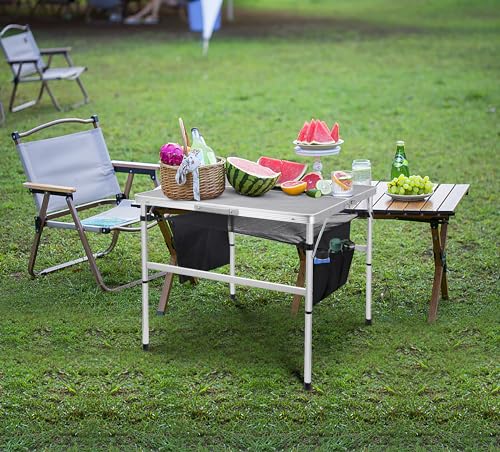 C Square Folding Height Adjustable Aluminum Table - 23.6"x23.6" White, Mesh Bag, Carry Handle, Ideal for Grill, Camping, Outdoor, Card Games