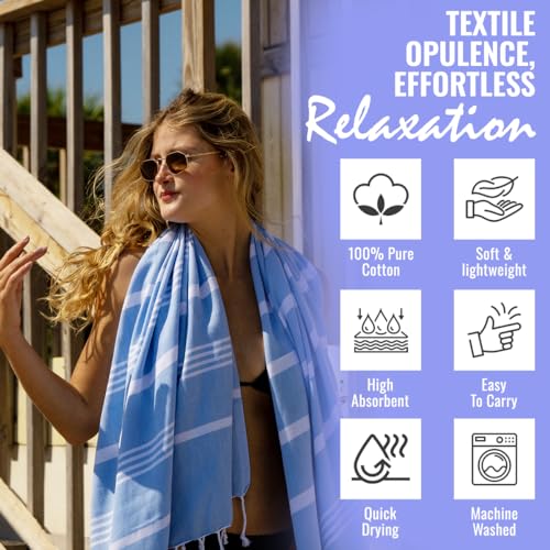 Beach Towel 100% Cotton Turkish Beach Towel Adult 38x70 Inch Pre-washed Absorbent Extra Large|Sand Free Quick Dry BathTowels|Lightweight Blanket|Travel Cruise Camping Spa Gym Yoga Towel|Airy Blue - color: Blue
