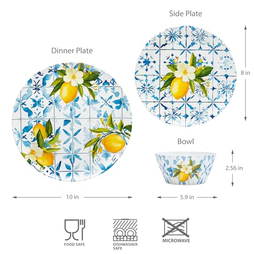 Bzyoo 12-Piece Melamine Dinnerware Set - Lemon Tiles | Lightweight, Durable, BPA-Free | Dishwasher Safe Dish Set for Indoor & Outdoor Use - Perfect for Camping, BBQs - color: Lemon Tile