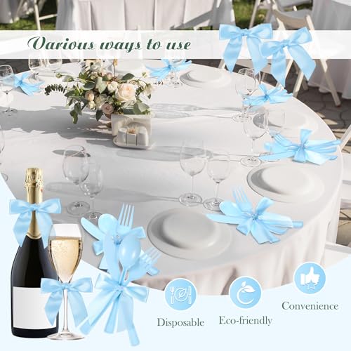 Minatee 25 Sets Light Blue Plastic Cutlery Set with Twist Tie Bows, Heavy Duty Tableware Disposable Forks Knives Spoons Silverware Utensils Set for Coquette Birthday Bow Party Table Setting Picnics - color: Light Blue