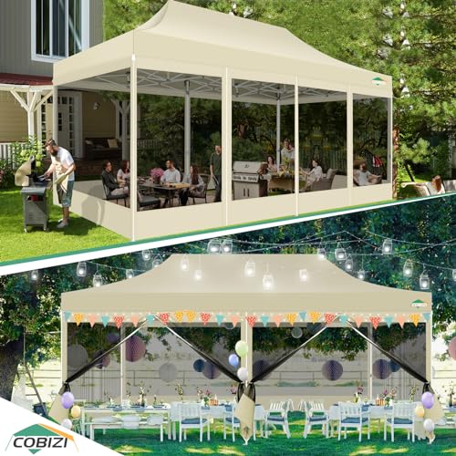 COBIZI 10x20 Canopy Tent with 6 Sidewalls,Heavy Duty Pop up Canopy with Mosquito Netting,Easy up Screen Tent for Parties Wedding Outdoor Patio with Roller Bag,Khaki - color: Khaki, size: 10x20ft(standard)
