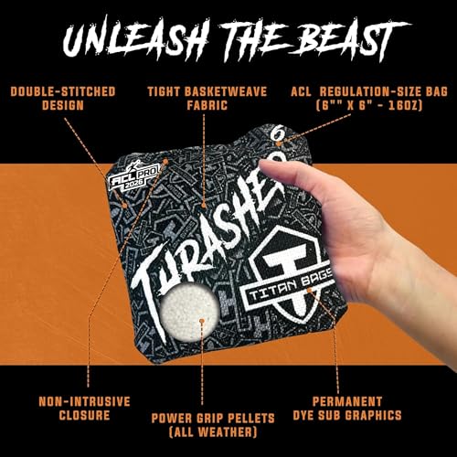 Titan Bags Thrasher Cornhole Bags - 6"x6" ACL PRO Approved Tournament-Grade, Durable Dual-Sided for Precision Shots, All-Weather Power Grip Pellets for Indoor & Outdoor Tossing - Set of 4 - color: Blackout