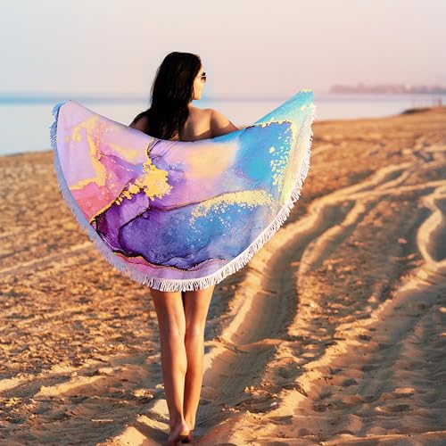 Benefeet Sox Beach Towel Large Round Mandala Pool Towels Tassels Microfiber Quick Dry Beach Blanket Throw Bohemian Roundie Swim Pool Circle Towel, 59 Inches - color: Colorful Marble Liquid Quicksand, Gradient