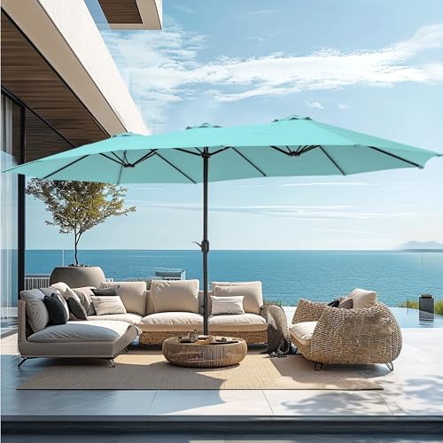 PHI VILLA 15ft Large Patio Umbrellas with Base Included, Outdoor Double-Sided Rectangle Market Umbrella with Crank Handle, for Poolside Lawn Garden, Turquois - color: Turquois