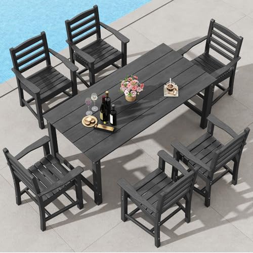 Tangkula 7 Pcs Outdoor Dining Table Set for 6, 67” HDPE Weather-Resistant Patio Rectangle Table & 6 Armchairs w/Curved Seat, Umbrella Hole, Wood Grain, Plastic Dining Furniture (Black, 7 Pcs) - color: Black, size: 7 Pcs