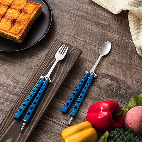 Flutesan 2 Pcs Butterfly Fork and Spoon Set, Folding Stainless Steel Fork Tactical Butterfly Spoon for Travel BBQ Kitchen Camping Hunting(Blue) - color: Blue
