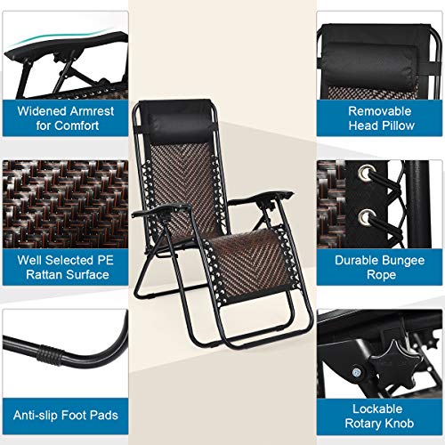 COSTWAY 2PCS Patio Rattan Zero Gravity Lounge Chair Folding Recliner Headrest Brown - color: Brown
