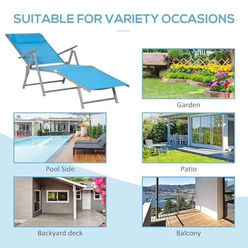 Outsunny Outdoor Folding Lounge Chair, 7-Position Adjustable Zero Gravity Lounge Chair with Pillow, Portable Reclining Tri-Fold Chaise for Beach, Swimming Pool, Light Blue