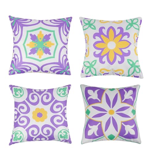 Pyonic Purple Outdoor Pillows Waterproof Throw Pillow Covers Set of 4 Floral Printed and Boho Farmhouse Outdoor Pillow Covers for Patio Funiture Garden 18x18 Inch - color: Purple, size: 18" x 18" (Pack of 4)