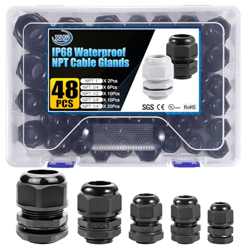 XHF IP68 Nylon Waterproof NPT Cable Glands Assortment 48pcs 1/4", 3/8'', 1/2'', 3/4'', 1'' UL Listed and RoHS Cord Grip Compliant Cable Strain Relief Black - color: Black, size: Kit(48pcs)
