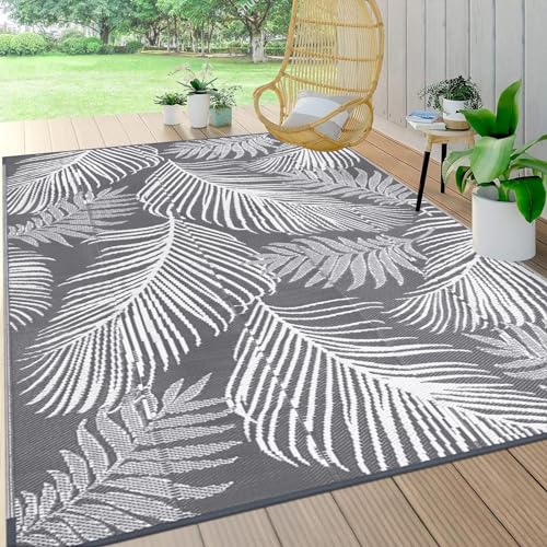 Pauwer Waterproof Outdoor Rug 6x9, Reversible Plastic Straw Patio Camping Rug, Indoor Outdoor RV Mat Carpet for Deck, Camper, Porch, Balcony, Backyard, Picnic, Leaf Grey - color: Leaf Grey, size: 6' x 9' (Rectangular)