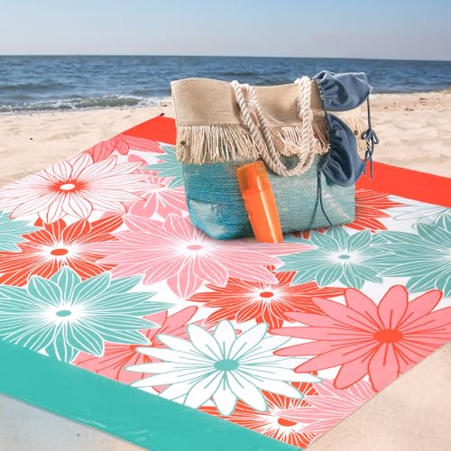 Drydiet Outdoor Picnic Blanket Beach Blanket Sandproof Waterproof Extra Large Beach Mat for 1-8 Adults Quick Drying Oversized Mat for Outdoor Picnic Camping Hiking(Orange and Cyan,78'' X 81'')