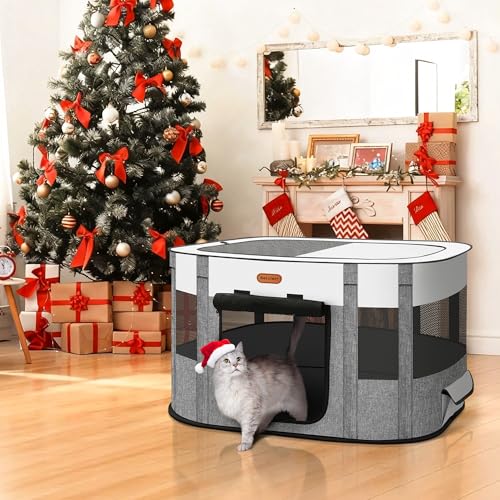Seiyierr Foldable Pet Playpen - Cat & Puppy Playpen, Travel Dog Crate with Carrying Case, Cat Tent Dog Pen for Outdoor Camping Use - color: Grey, size: Medium(32.3''×23.6''×21.6'')