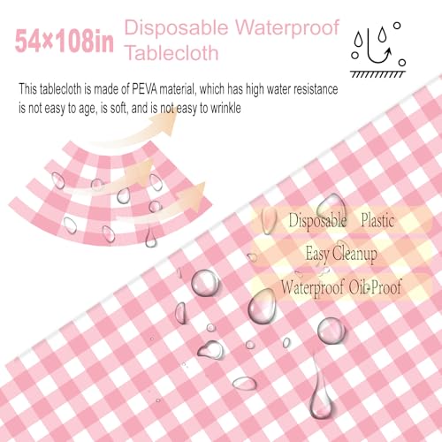 2 Pack Pink Gingham Tablecloth Pink and White Checkered Tablecloths Disposable Plastic Gingham Tablecovers Waterproof Rectangle Picnic Table Covers for Birthday Party Supplies，54 x 108 Inches - color: Pink and White Checkered, size: 54" x 108" Rectangular