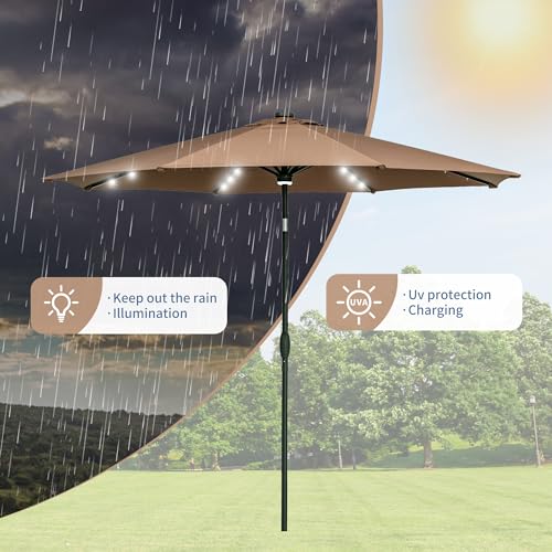 GDY 10Ft Patio Umbrella, Table Umbrella with 40 LED Lights, Outdoor Umbrellas for Patio, with Tilt and Crank, Center Light, for Garden, Deck, Backyard, Pool, and Beach. - color: Coffee