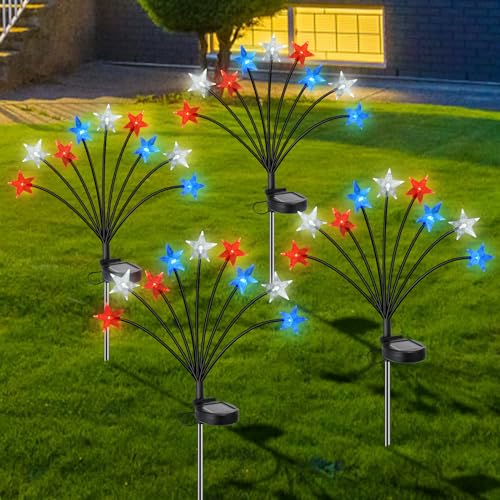 Lewondr 4th of July Decorations Solar Garden Lights, Fourth of July Red White and Blue Light Solar Lights Outdoor, Waterproof Patriotic Decor with 9 LED 2 Lighting Modes for Independence Day, 4 Pack - size: 4 Pack, style: Transparent Star