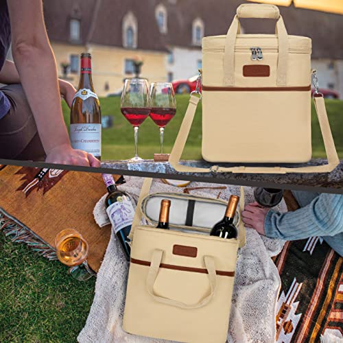 Opux 3 Bottle Insulated Leakproof Wine Cooler Bag, Tote for Picnic Beach, Portable Carrying Case, Cream - color: Cream Beige