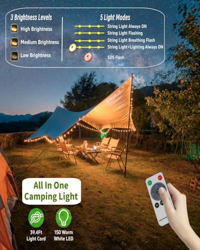 Solar Camping String Lights, 39.4 FT Fairy String Light, 4 in 1 Portable Waterproof Camp LED Lamp with 8 Lighting Modes, Hanging Rechargeable Tent Lantern for Outdoor Garden Patio Party Essentials - size: 39.4 Ft