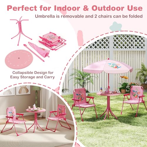 KOTEK Kids Picnic Table with Umbrella, Outdoor Table & 2 Folding Chairs, Cute Pattern Children’s Patio Furniture, Portable Kids Table and Chair Set for Backyard, Garden, Beach (Pink) - color: Pink Mermaid