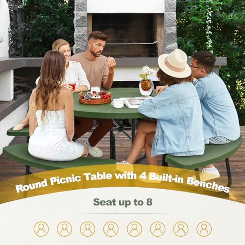 Tangkula 8 Person Picnic Table, Outdoor Round Picnic Table with 4 Built-in Benches, Umbrella Hole, Metal Frame & HDPE Tabletop, Outside Table and Bench Set for Backyard, 2300lbs Weight Capacity - color: Green
