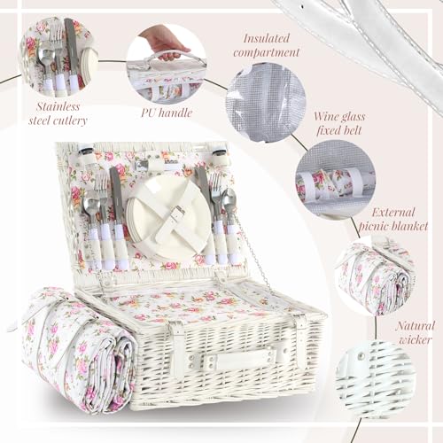 Picnic Basket Set for 4 with Waterproof Blanket Mat Insulation Bag Wicker Pink White Floral Classic Fresh Gift for Christmas Thanksgiving Wedding Birthday Camp Outdoor Beach Travel - color: White Floral