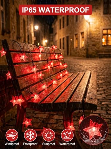 Solar Twinkle Star String Lights Outdoor Indoor Waterproof 39FT 100 LED Solar Powered Fairy Lights with 8 Lighting Modes Christmas Decor for Camping Tree Party Yard Wedding Garden (Red) - color: Red