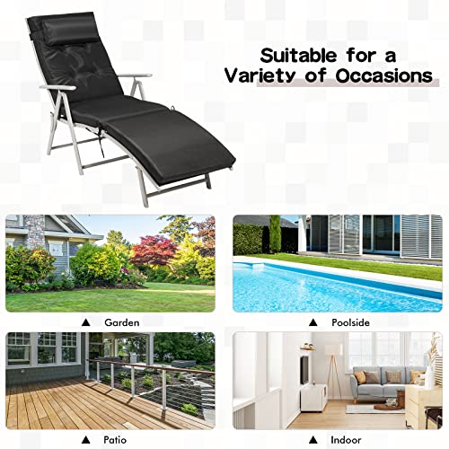Giantex Chaise Lounge Chair for Outside, Pool Folding Reclining Beach Chair W/Removable Cushion&Headrest Pillow, Outdoor Lounge Chaise w/ 7 Backrest Positions, Portable Patio Lounger (1, Black) - color: Black