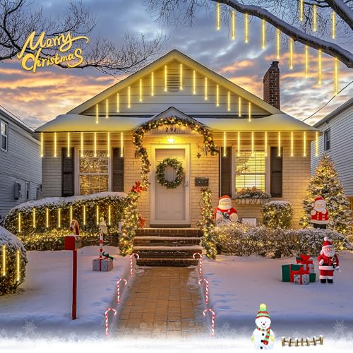 JMEXSUSS Solar Meteor Shower Lights Outdoor, 8 Tube 144 LEDs Warm White Solar Christmas Lights for Tree Eave Xmas Holiday Party Patio House Wedding Decor - color: Warm White, size: 1*144LED