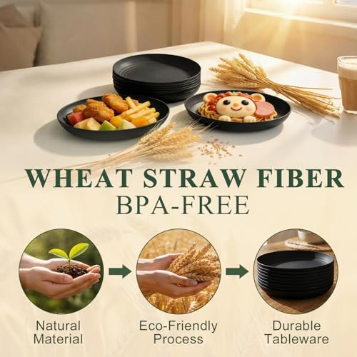 Dinner Plate 8 Inch, Unbreakable Wheat Straw Plates Set for 8, Alternatives to Plastic Plates Rusable, Microwave Safe Dessert Plate for Camping, Picnic, Party - Black - color: Black, size: 8 Inch
