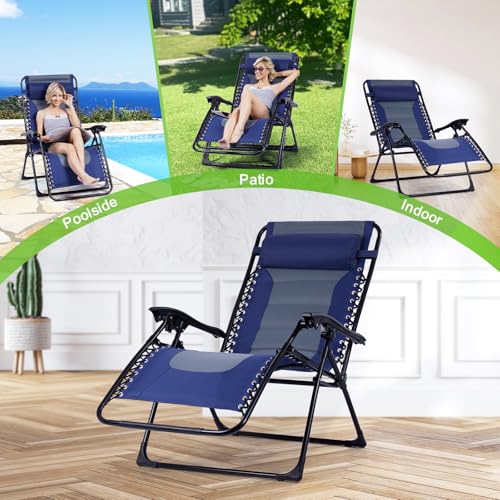 Backyard Expressions Deluxe XL Padded Recliner Zero Gravity Chair – Ergonomic Anti-Gravity Lounger with Folding Design, Side Tray, and Adjustable Headrest - color: Navy/Grey