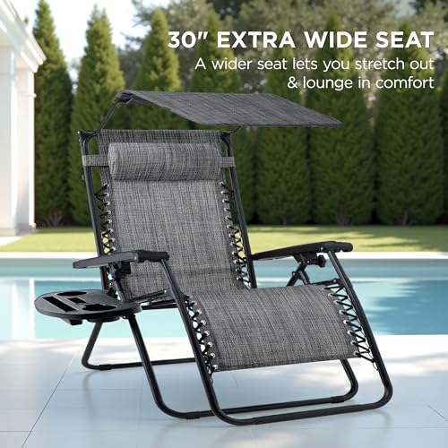 Best Choice Products 30” Wide Folding Zero Gravity Outdoor Recliner Patio Lounge Chair w/Adjustable Canopy Shade, Headrest, Side Accessory Tray - Gray - color: Grey, size: Oversized Extra Wide