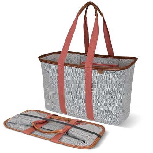 CleverMade Collapsible LUXE Tote, 30L Foldable Grocery Shopping Bag, Reusable - color: Rose Herringbone