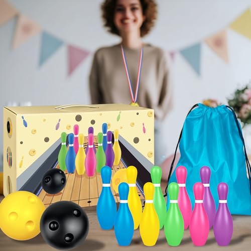 Mini Bowling Set Indoor Outdoor Indoor Bowling Set with Guide Arrow Mat Gold and Silver Medal Backpack Dispensing - color: Colorful