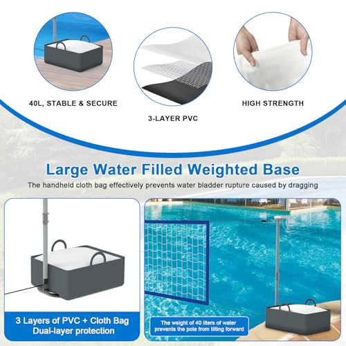 Pool Volleyball Net Set with High Brightness LED Solar Powered Lights, 15ft-32ft Adjustable Portable Volleyball Net with 40L Weighted Base for Inground Pools, 2 Ball & Pump for Family Fun, Party Games