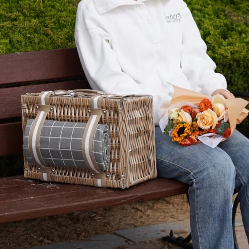 Wicker Picnic Basket for 2 - Willow Basket with Waterproof Picnic Blanket | Willow Picnic Set with Insulated Cooler | Wicker Hamper with Cutlery Kit | Gift Basket for Christmas, Thanks Giving, Grey - color: Grey Check