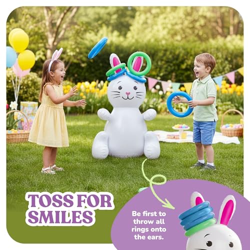 30" Easter Bunny Inflatable Ring Toss Game - Easter Games for Kids with 6 Rings - Weighted Bottom to Keep Inflatable Rabbit Upright - Family Outdoor Easter Party Games for Kids and Adults