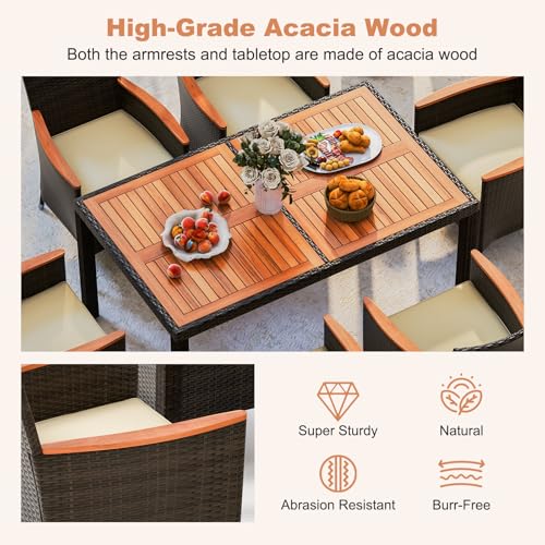 HAPPYGRILL 7 Pieces Rattan Wicker Patio Dining Set, Outdoor Dining Set with Cushions, Large Dining Table with Acacia Wood Top, Outside Dining Furniture Set with Umbrella Hole - color: Mix Brown & Beige