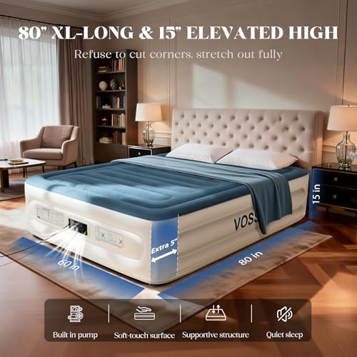 VOSSER Queen Air Mattress with Built-in Pump,Fast & Easy Inflation/Deflation Inflatable Mattress, Foldable Blow Up Mattress with Storage Bag, Inflatable Bed for Home, Camping & Guests - color: Navy Blue, size: Queen 15''(Standard Height)
