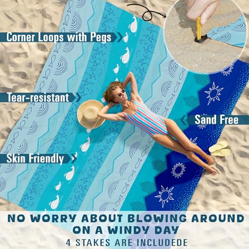 Beach Blanket Waterproof Sandproof Oversized 78''×110'' Suits 1-7 Adults Lightweight Large Picnic Mat Sand-Free Beach Blanket for Travel Camping Hiking Picnic - color: Sea, size: 78''x110''