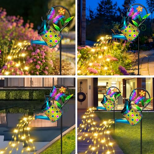 Solar Watering Can with Lights, Waterproof Solar Lantern with Butterfly Shepherd Hook, Hanging Garden Lights for Patio Yard Lawn Porch Outdoor Decoration, Unique Garden Gifts for Women Mom Birthday - color: Blue Butterfly, size: 1 Pack